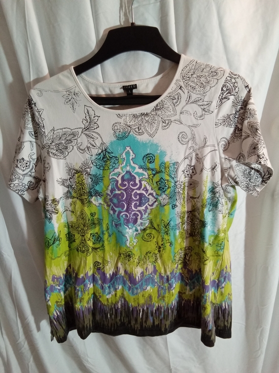 Alfani Tops - Alfani White Short Sleeve Top with Green, Blue & Purple Print L